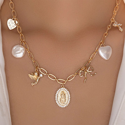 Imitation pearl bow necklace wholesale european and american cross-border portrait relief niche irregular cross clavicle chain for women