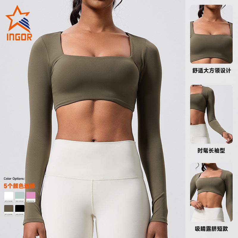 European and american new long-sleeve outdoor running fitness activewear top with built-in bra pads - tennis, golf, and yoga t-shirt