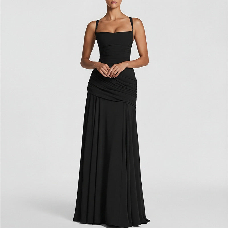 european and american summer new arrival: cross-border women's fashion - elegant solid color sleeveless cinched waist swing dress with spaghetti straps