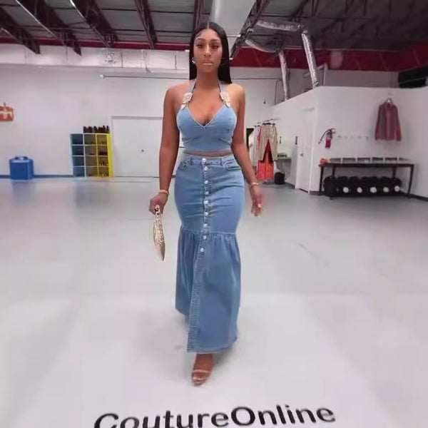 's new  European and American micro-bullet suspender low-cut denim set button long skirt set wholesale
