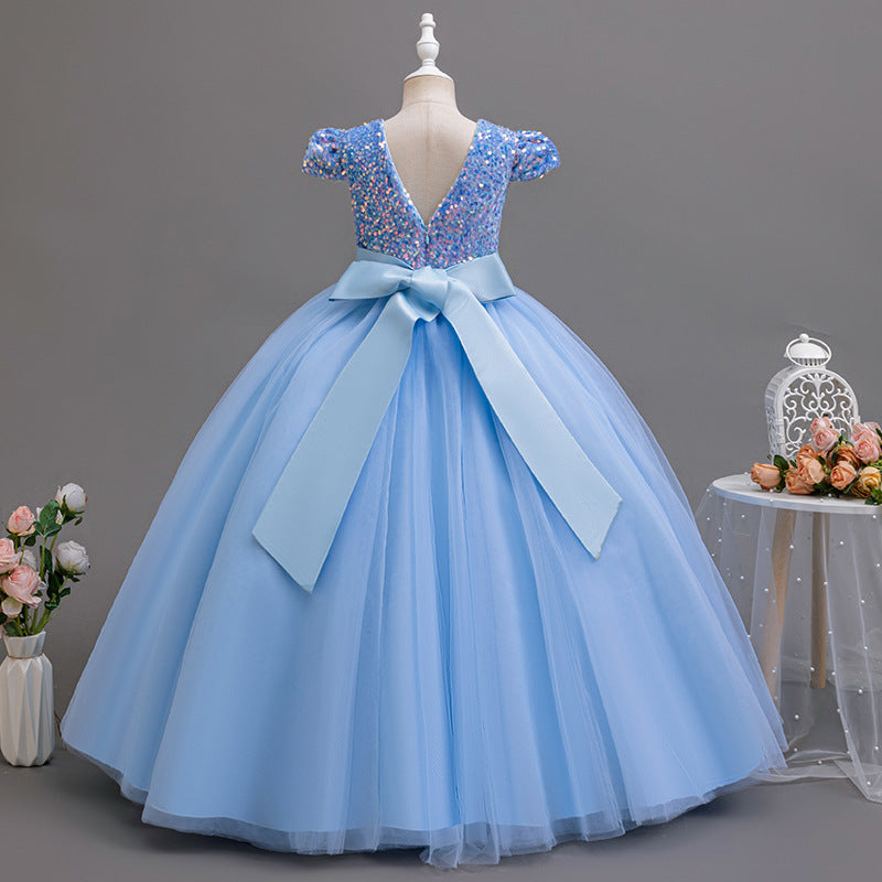 Ready-to-ship, european and american style girls' evening gown, long, puffy skirt, high-end children's dress with sequin embellishments