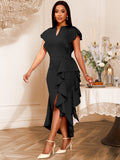 summerelegantelegancev neckruffle sleeveasymmetricaldress women's summerclassy dresses