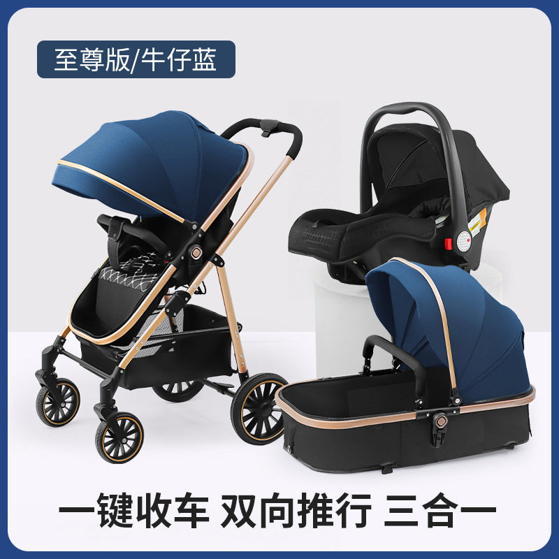 Inlair baby stroller - lightweight, foldable, reclining, high-view, sleeper, blue, reversible, newborn baby pram