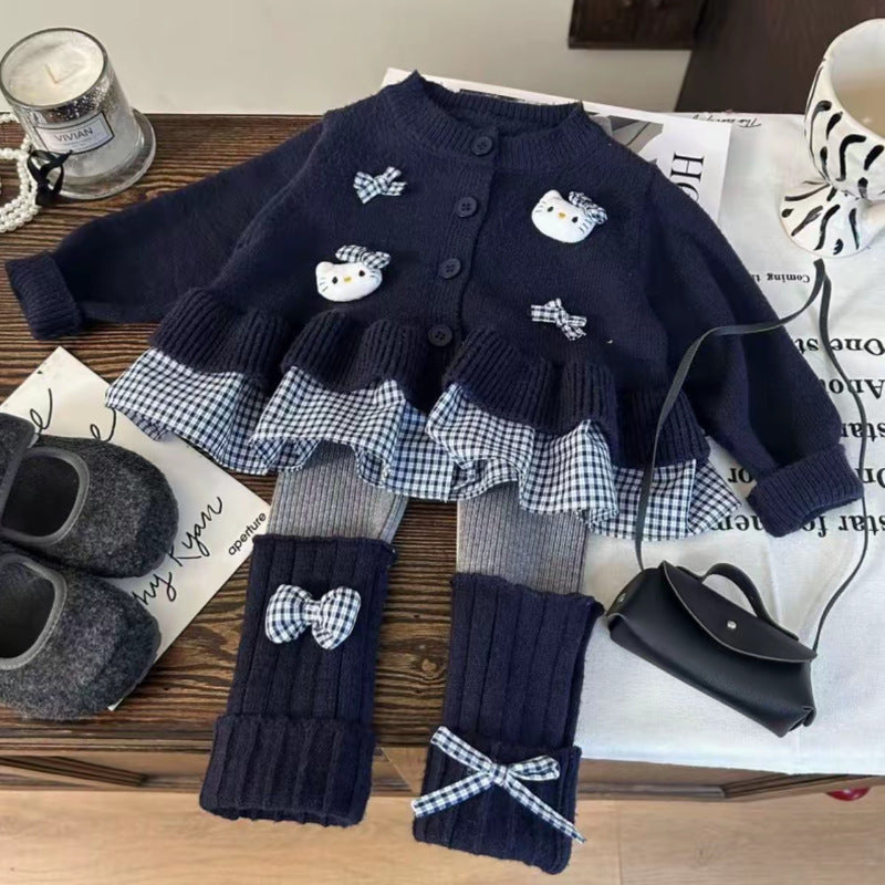 Korean style girls' clothing  new autumn collection: preppy plaid cardigan sweater with bow detail and scrunch socks/leggings set