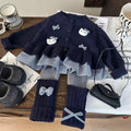 Korean style girls' clothing  new autumn collection: preppy plaid cardigan sweater with bow detail and scrunch socks/leggings set