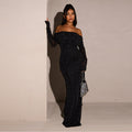 new european and american style women's winter one-shoulder mesh dress with silver thread, waist-cinching, and bodycon design