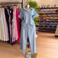 European and american cross-border women's fashion:  summer new arrival - stylish and elegant blue striped short-sleeve shirt and pants set with turn-down collar
