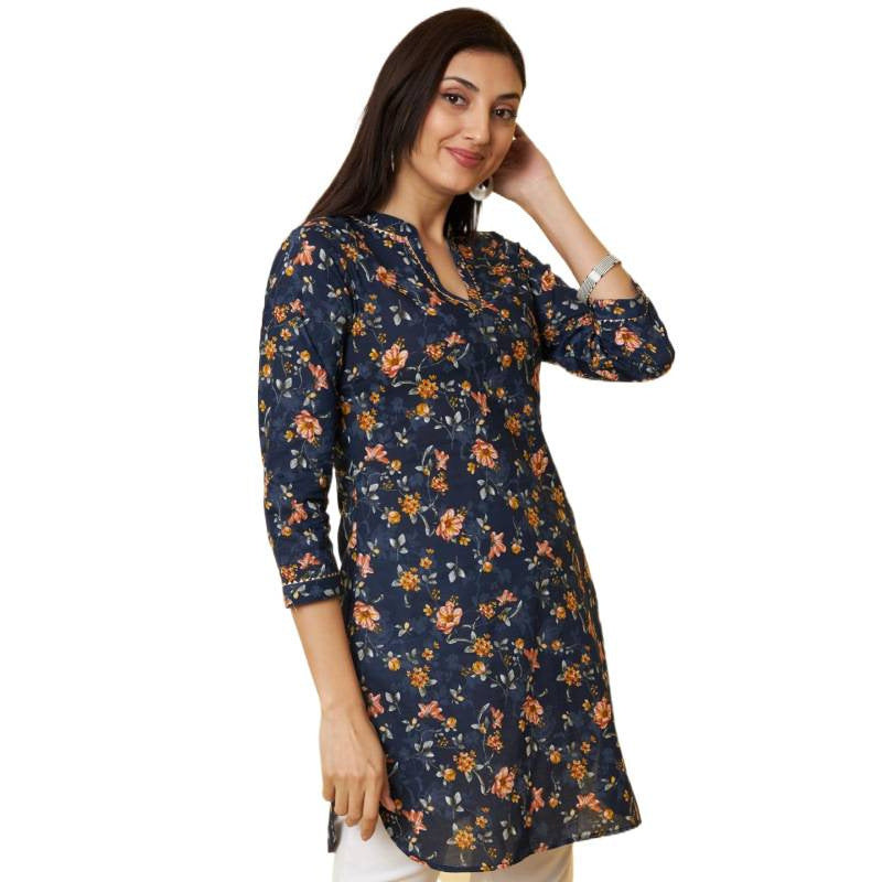 summer new  navy blue floral print dress - women's slimming v-neck mini dress