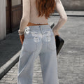 Fashion cross-border foreign trade  new style washed mid-waist straight-leg pants  butterfly printed jeans women's pants