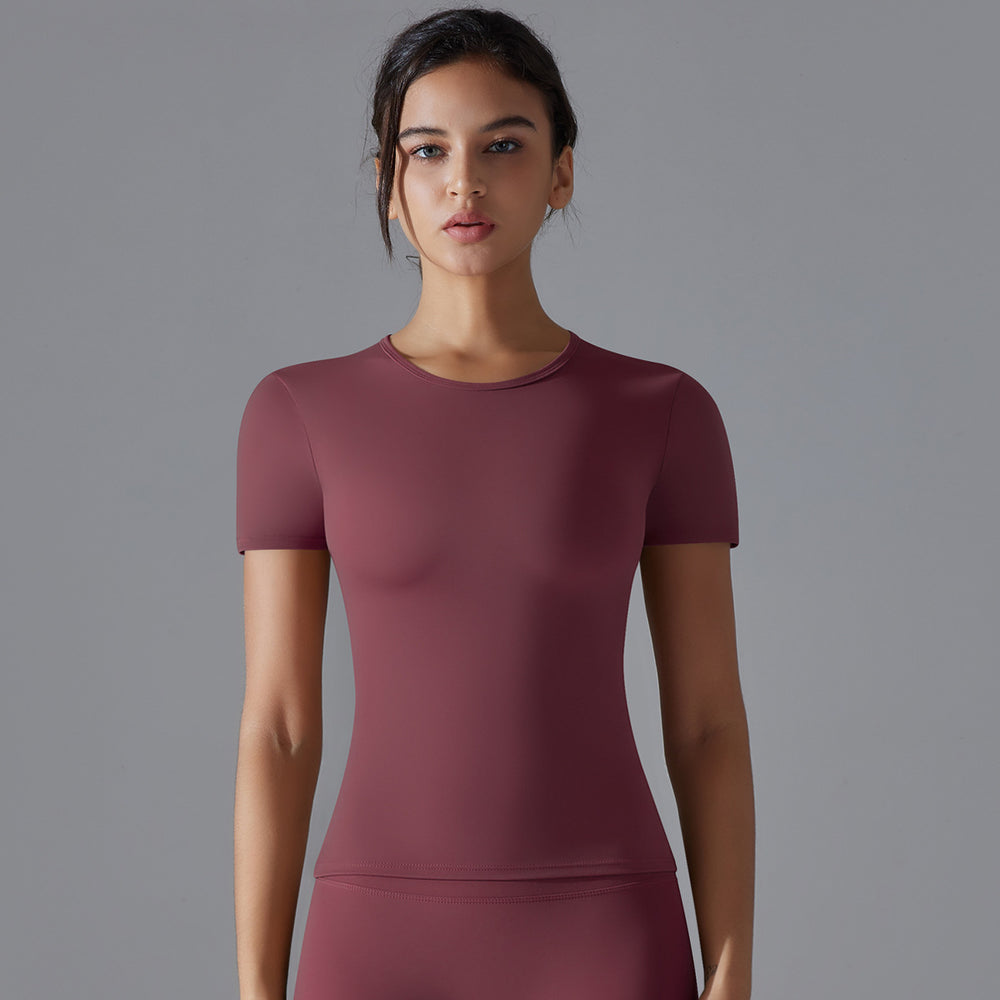 New solid color double-sided brushed high-stretch tight-fitting breathable yoga top - short sleeve activewear running fitness yoga t-shirt
