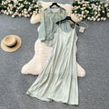 Beach vacation style solid color slim-fit cami dress + floral lightweight long-sleeve sun protection cardigan top set for women - summer