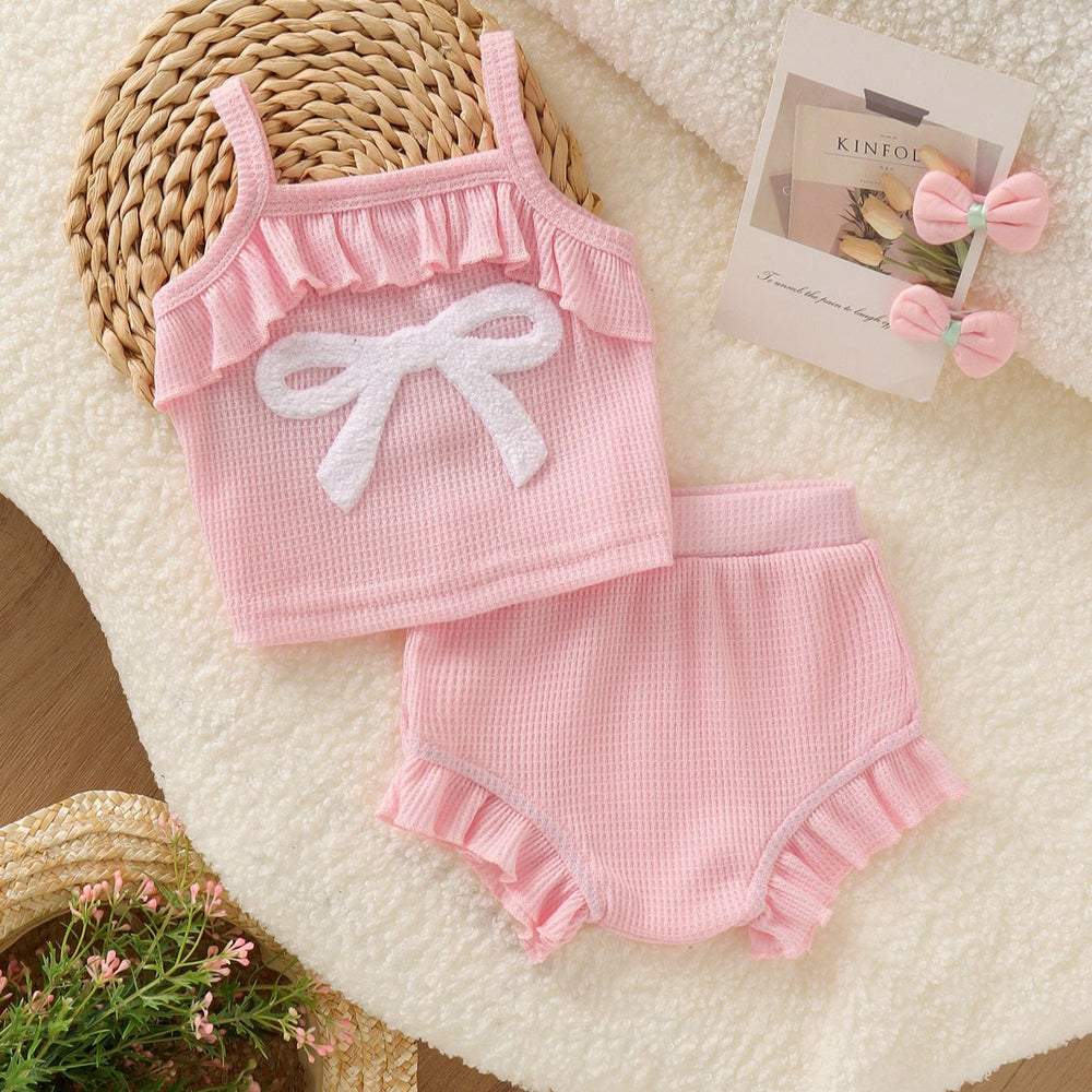 European and american style baby girl's cute suspender romper with bow and pink pants two-piece set