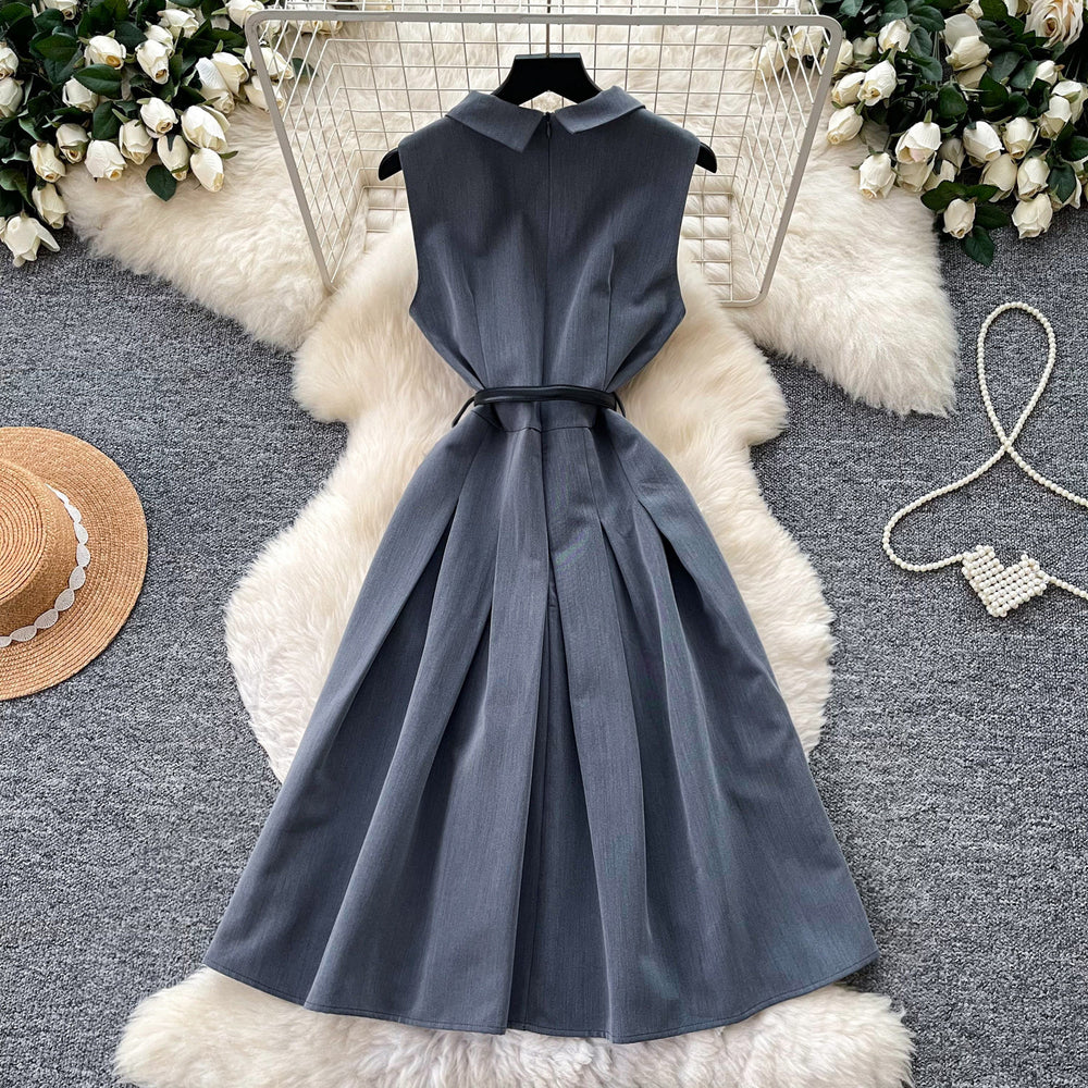 Salt style wear work clothing sleeveless lapel dress female summer waist slimming lookpleated skirteleganceelegant silm skirt