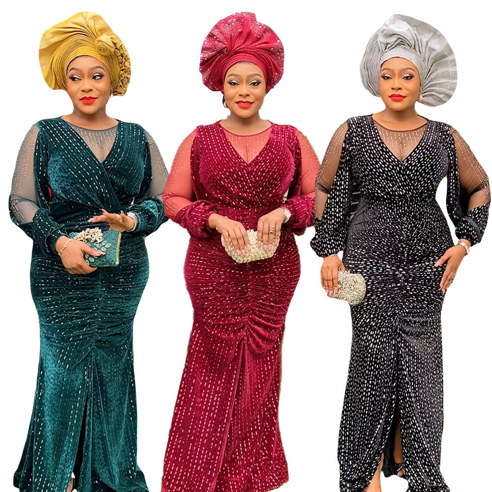 African  women's plus size heavy rhinestone dress european and american new sequin christmas party evening dress