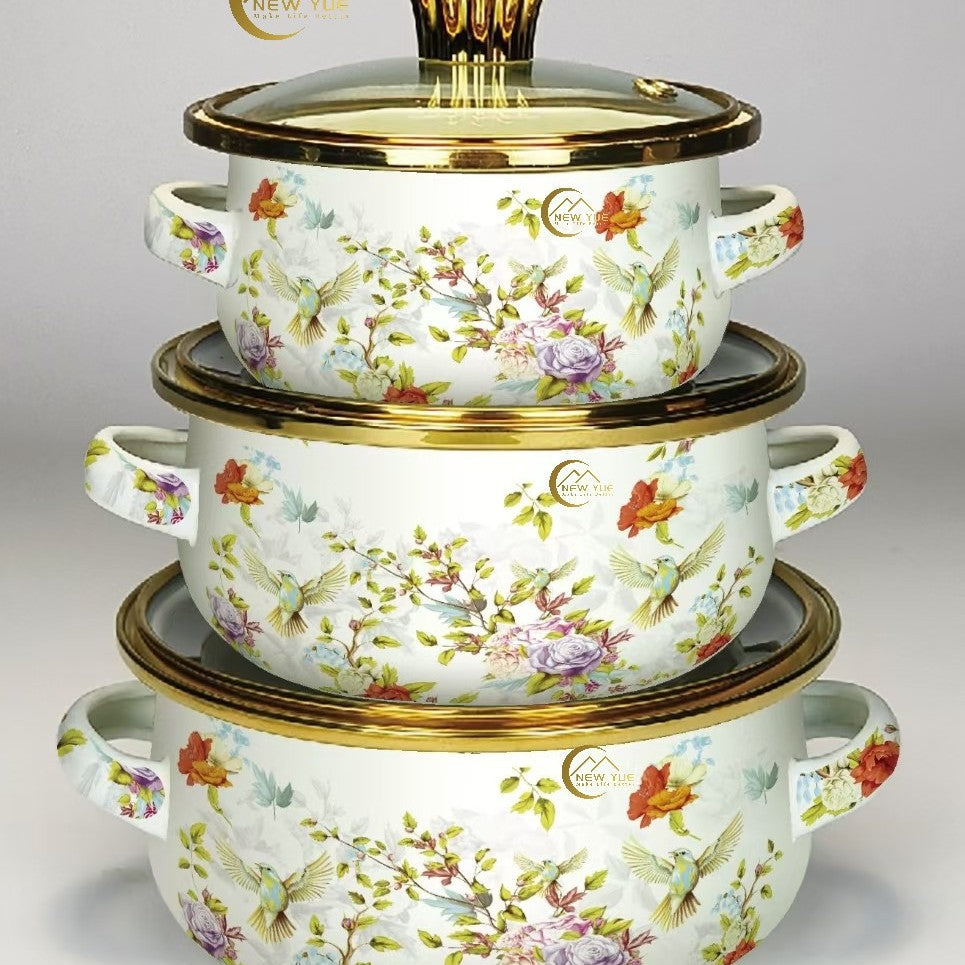 Factory direct sales cross-mirror hot-selling enamel large 3pcs pot set, high-quality soup pot, double-ear soup pot, high-quality pot set