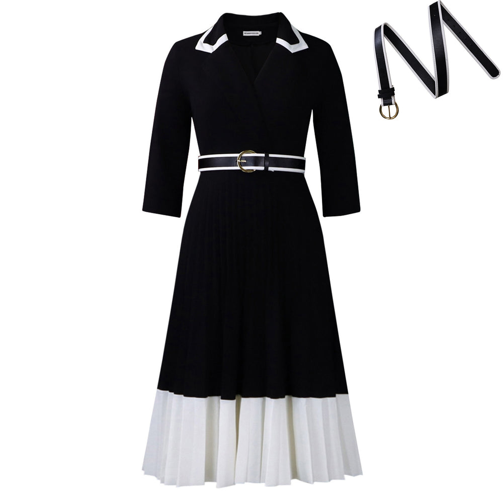 D3352 cross-border supply  autumn and winter european and american women's clothing pure color long sleeves color matching pleated a-line skirt foreign trade dress