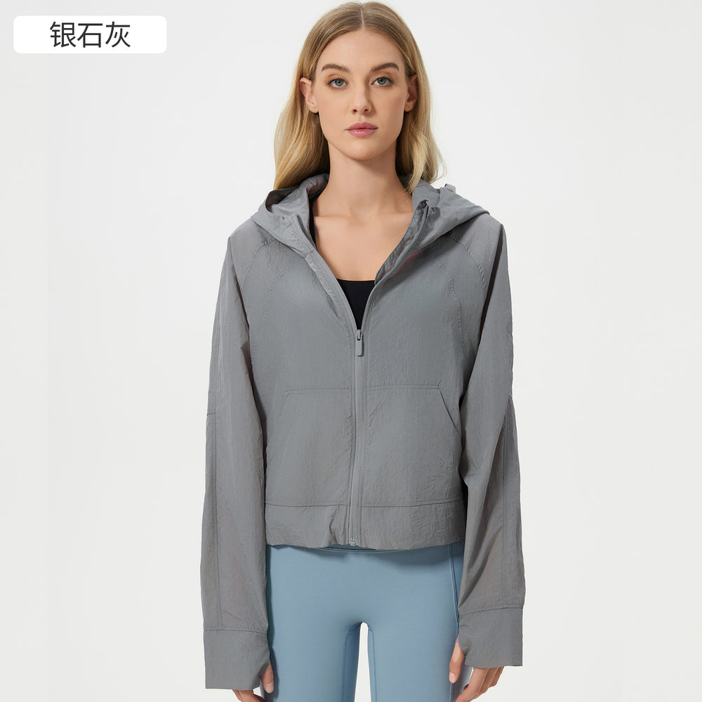 Summer lightweight breathable quick-dry sports windbreaker loose fit versatile hooded outdoor zip-up cardigan jacket for women d25007