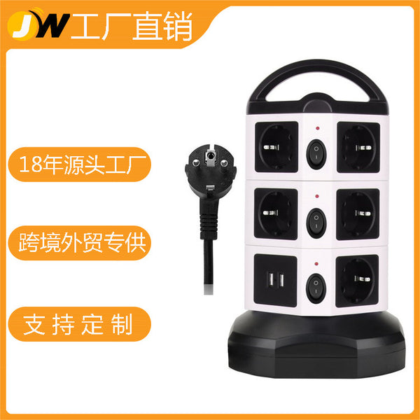 JW803 European standard plug-in drag board, home office USB multi-layer power strip multi-function vertical intelligent socket