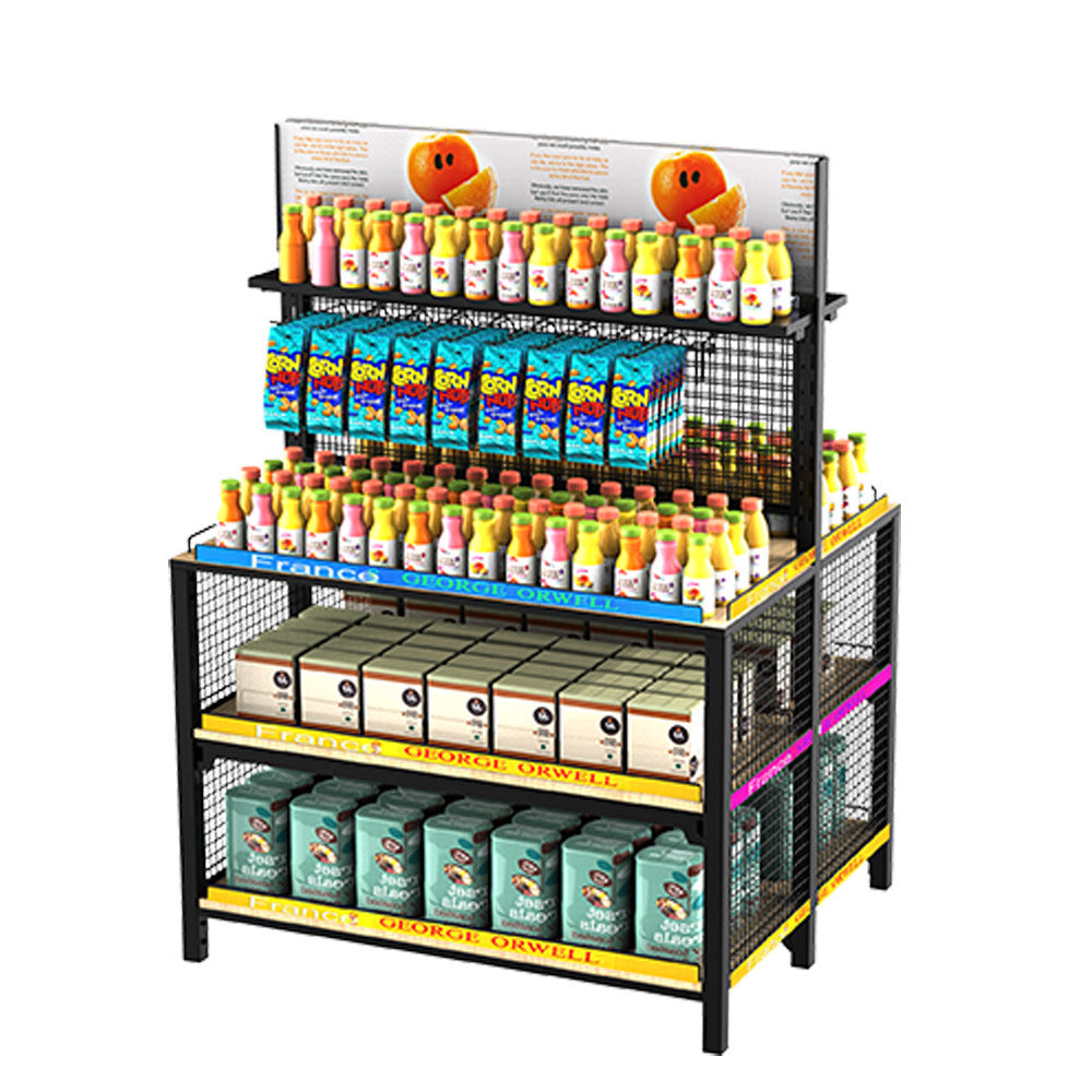 Customized supermarket beverage shelves, iron and wood display racks, beverage drinks, wine, Zhongdao display racks, convenience store beverage racks