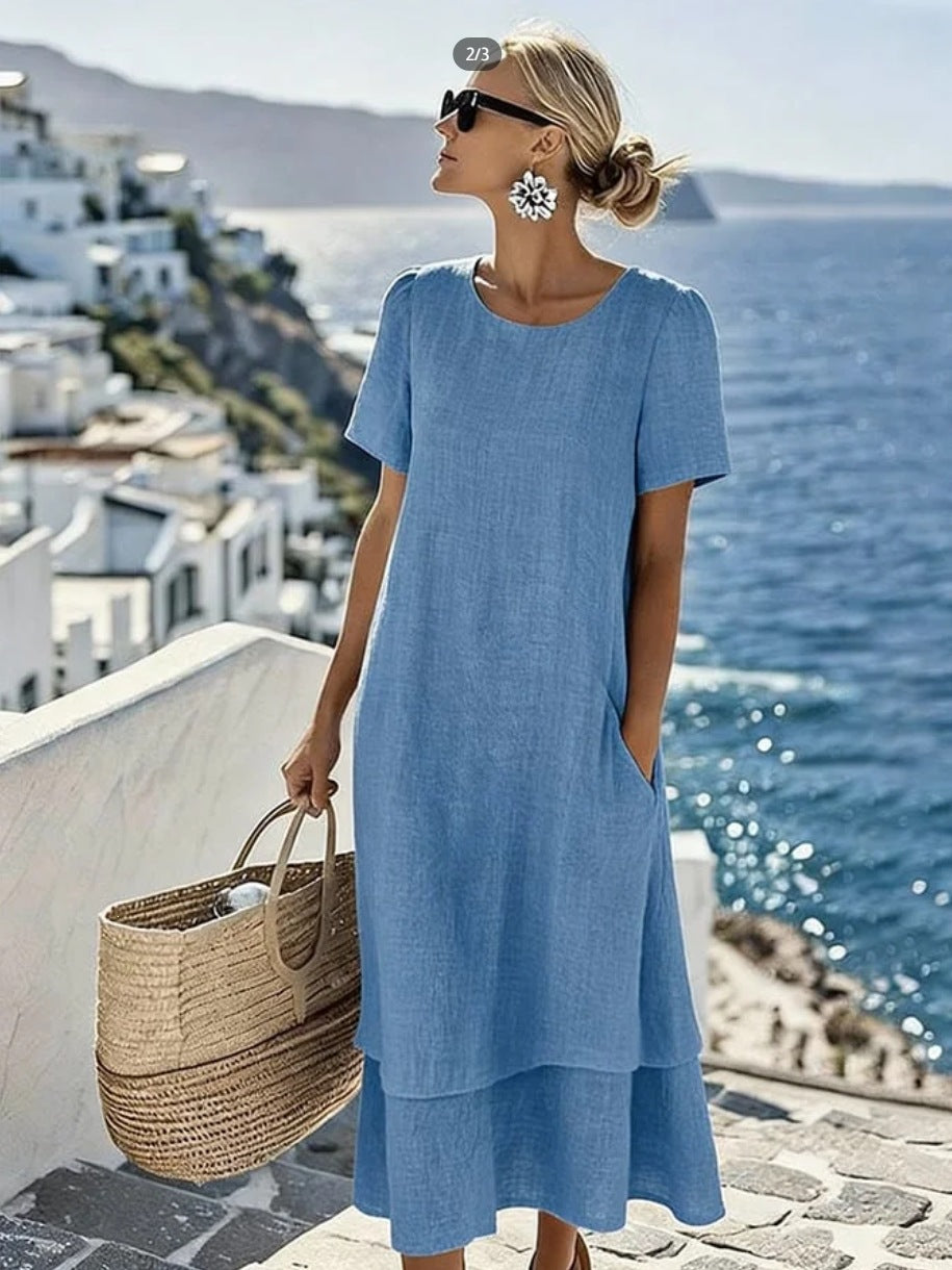 european and american cross-border  women's spring/summer vacation casual double-layer design round neck short sleeve dress