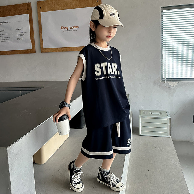 Boys' sleeveless summer outfit  new kids' summer vest basketball tracksuit summer style big kids' boys' clothing