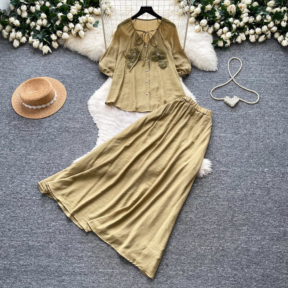 French chic embroidered blouse and high-waisted midi skirt two-piece set - women's summer commute style, slimming and elegant outfit