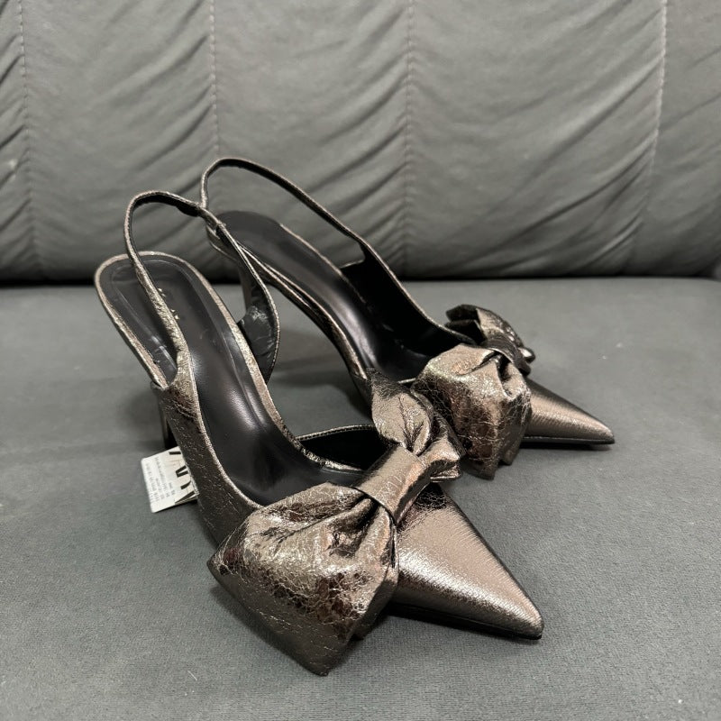 Z's new gray bows ultra-high heel metal cracked back strap stiletto women's sandals