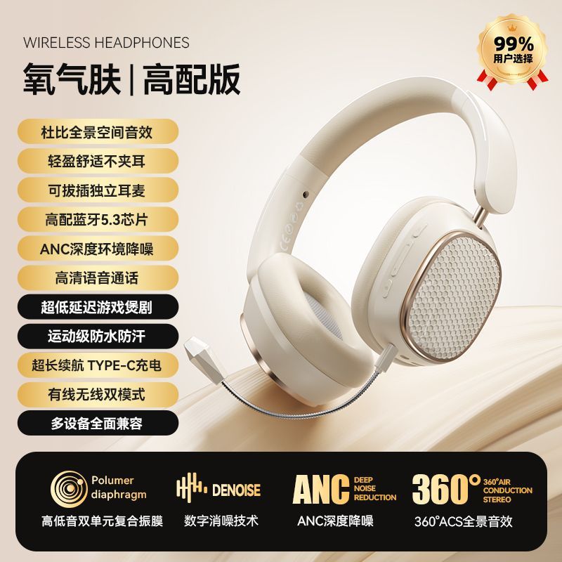 Gaming headset wireless bluetooth over-ear headphones with deep bass, noise cancellation, universal compatibility for mobile phones, and yan cai active noise reduction
