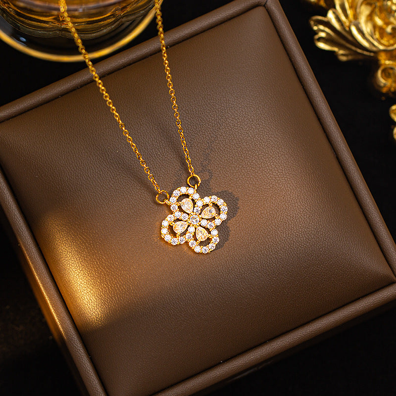 Copper inlaid zirconium four-leaf clover necklace for women, titanium steel real gold plating popularinsfashion flower exquisite sweater chain jewelry