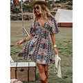 Aliexpress cross-border burizaya full-print butterfly sleeve dress with waist, vacation beach dress