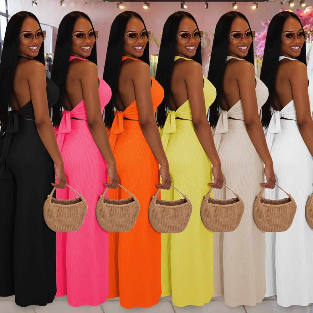 C7461 cross-border   fashion women's casual halter tie-neck top and pants two-piece set