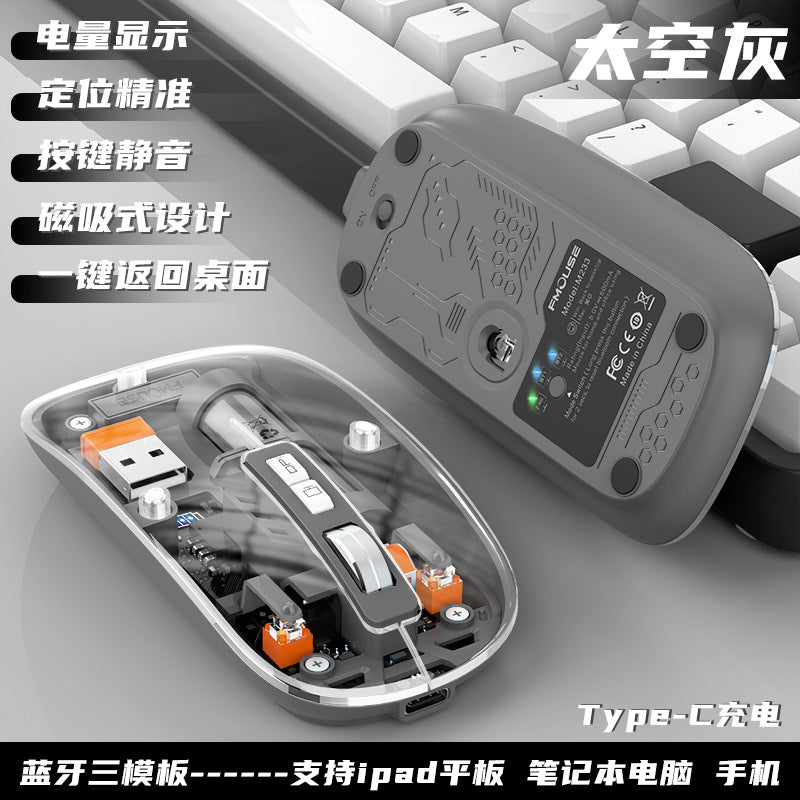 M233 transparent magnetic wireless bluetooth tri-mode mouse - rechargeable silent mouse for desktops and laptops (universal compatibility)