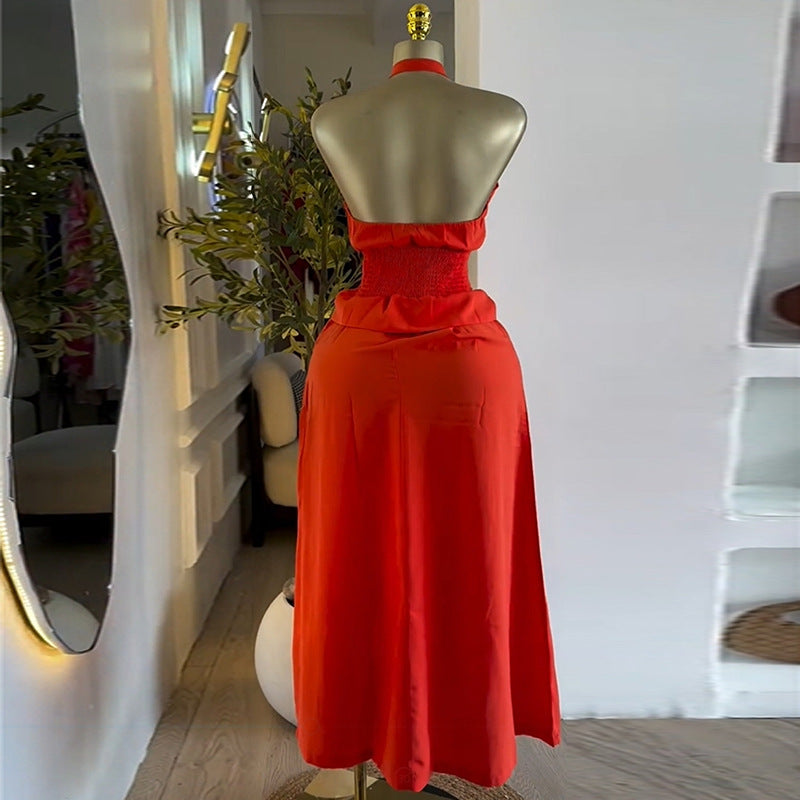European and American  women's clothing 2025 summer new temperament neck strap sleeveless waist top skirt set