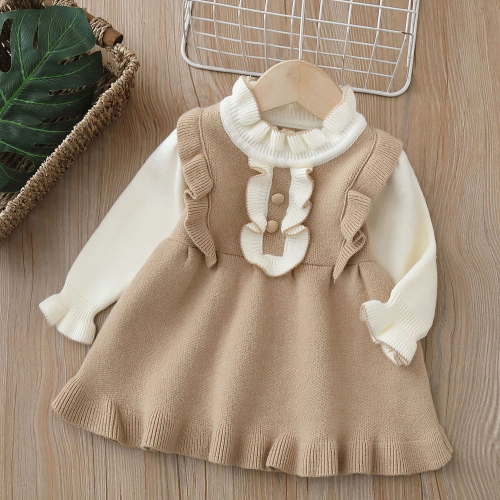 Girls' knit dress - new autumn/winter  collection - flutter sleeve faux two-piece knitted dress for baby girls