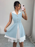 Sleeveless tweed style silmdress women's  summer waist slimming lookelegant hem contrast color vest short skirt