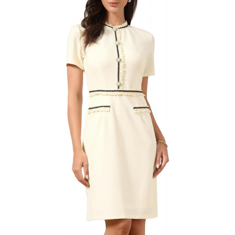Amazon fashion elegant short sleeve round neck dress  summer new pearl slim fit elegance skirt