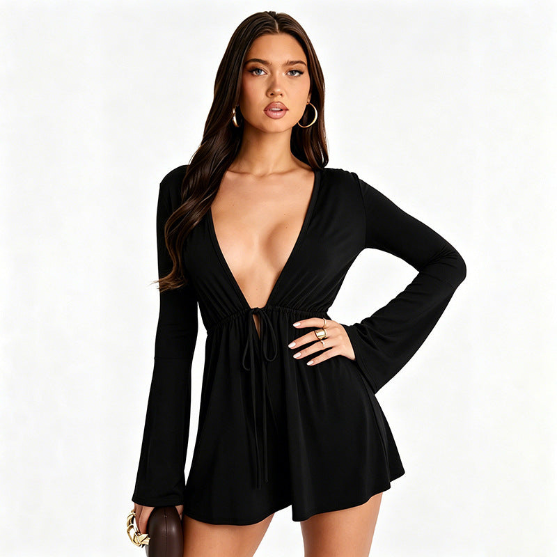 European and american export women's clothing  summer new solid color deep v long sleeve belted ruched sexy shorts jumpsuit