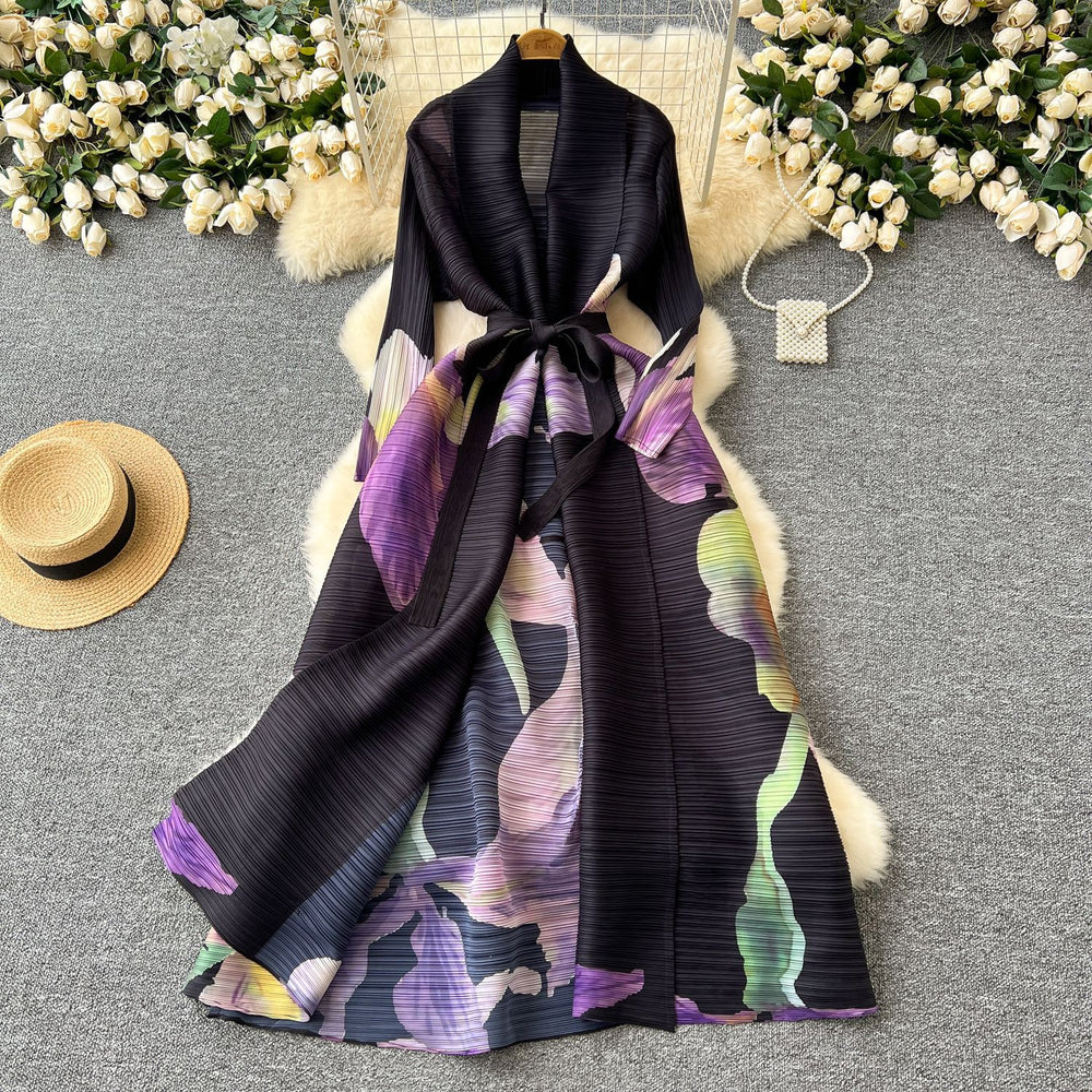 Fashion style large version dress women's fashion styleeasiest for match lapel waist strap mid-length pleated printingoutwear