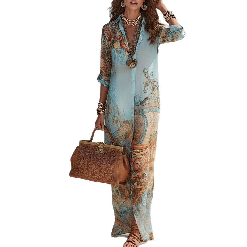 european and american cross-border women's clothing: new summer collection - elegant vintage print v-neck flowy vacation dress