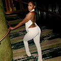 Fashionexportfashionhalter neck swing collarpure colorwork clothing pantssuitbacklesstie backtopstightpantstwo-piece set