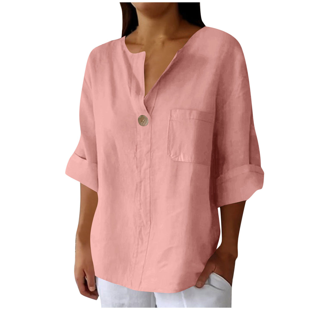 cross-border fashion summer new loose t-shirt women's v neck cotton and linen button tops