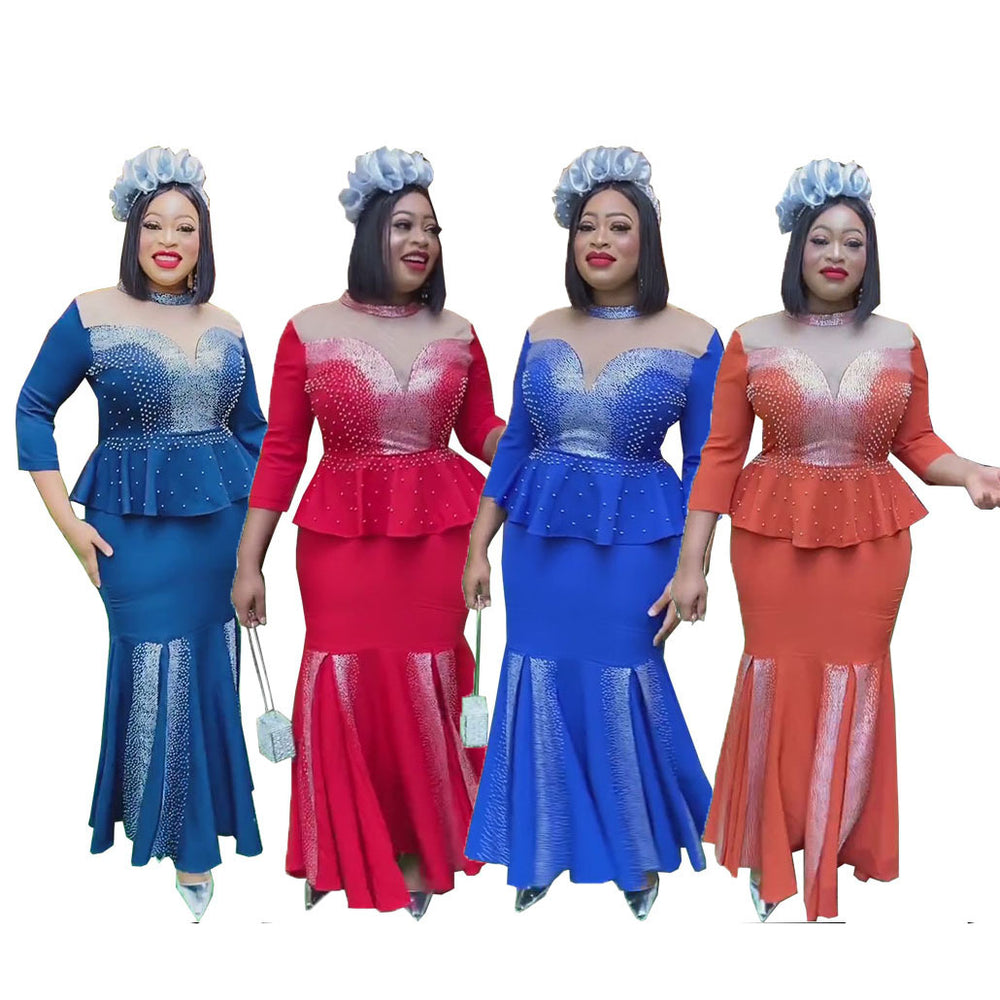 African cross-border sourcing:  new slim-fit, heavily embellished hotfix rhinestone plus-size maxi dress, high-waisted, elegant two-piece set