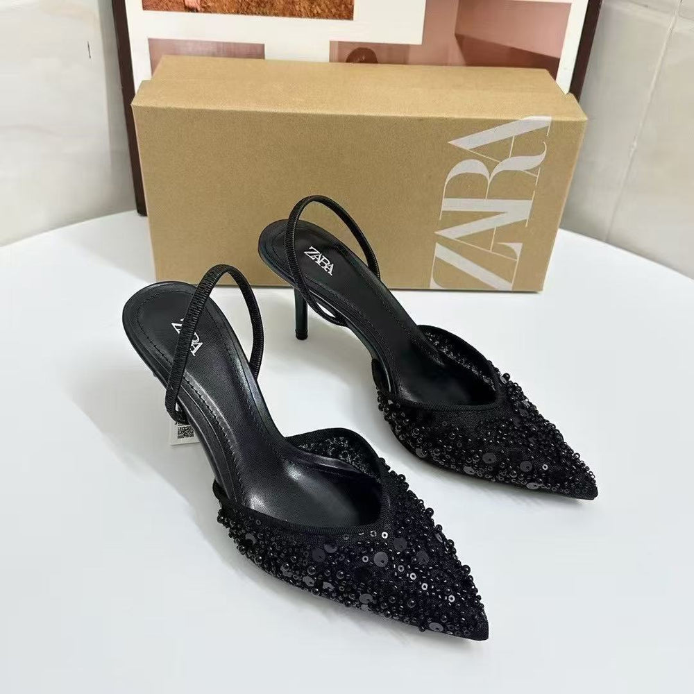 Zar summer new arrivals: women's apricot beaded mesh slingback pointed-toe stiletto mules