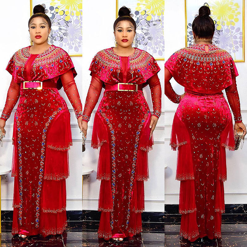 supply of luxury hot diamond beading round neck long sleeves dress gold velvet dress african fashion women's clothing