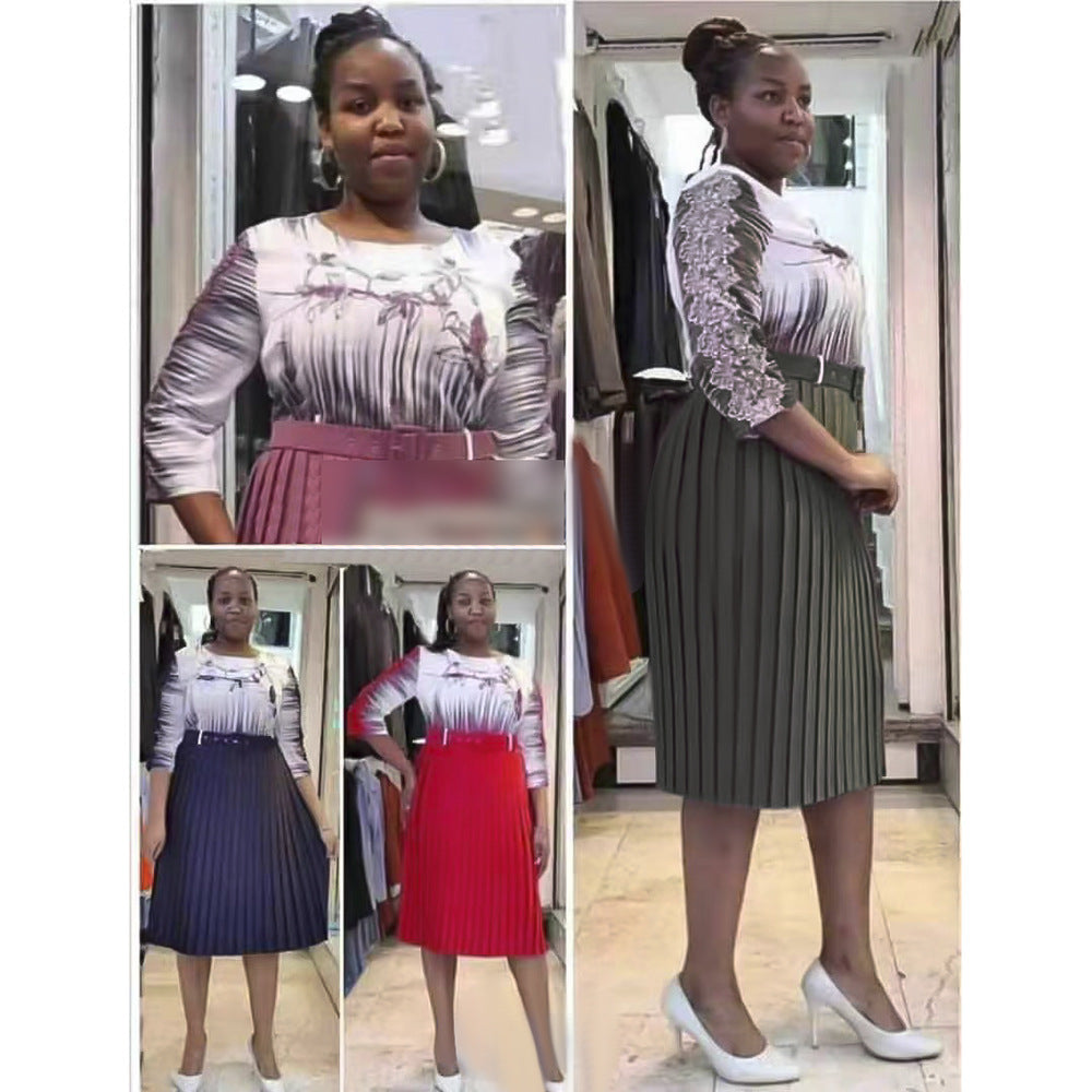 Ebaynew arrival pleated slimming look silmdress african women's clothing plus size medium longpleated skirt with belt