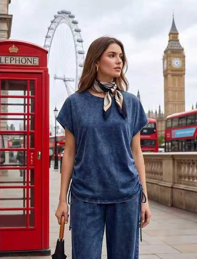 European and american plus size women's fashion denim two-piece set: casual drawstring top + elastic waist wide leg pants