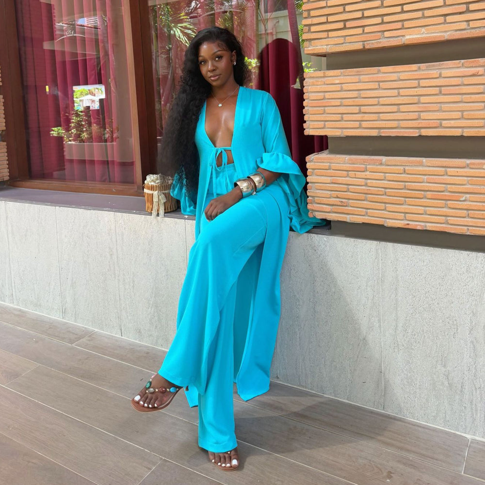 European and american cross-border women's clothing  summer new arrival: elegant casual flared sleeve tie-neck blouse and high-waisted pants set