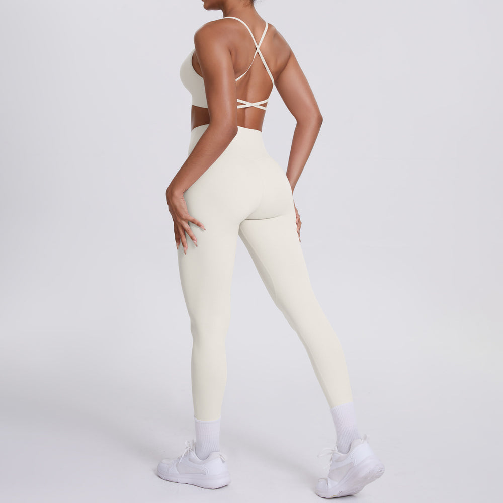 New arrival cross-border fashion double-sided nylon beautiful back tight cross sports yoga suit running fitness two-piece set