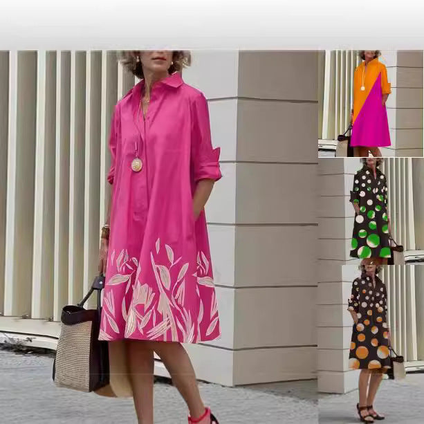 Cross-border independent station wish  splicing contrasting color European and American women's clothing casual temperament cardigan dress