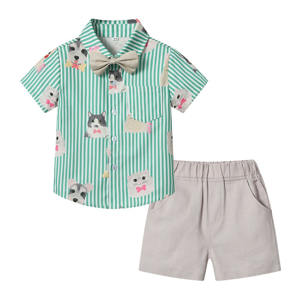 Summer new arrivals: fresh printed boys' summer outfit - trendy animal print two-piece shirt set for little men